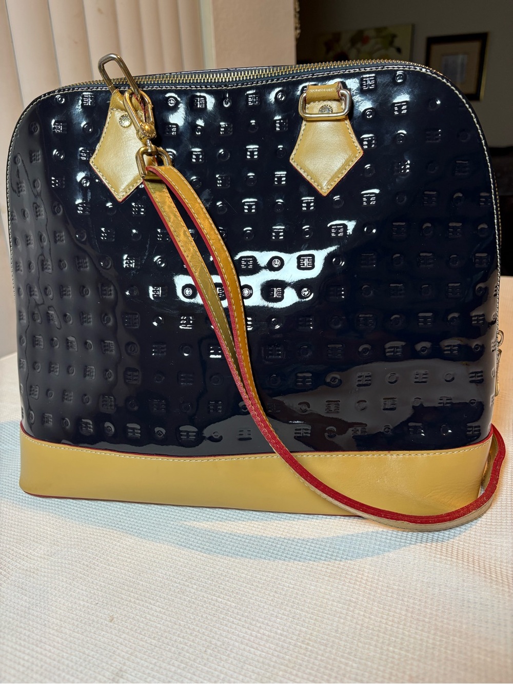 Arcadia Black Patent & Mustard Two-Tone Satchel with Red Trim